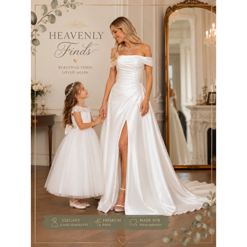 White Satin Off Shoulder A Line Wedding Dress Bridal Gown High Slit XL US 12 New